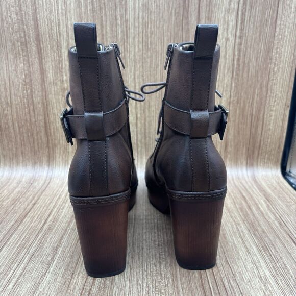Korks Diana Faux Brown Leather Lace-up Buckle Platform Bootie Women’s 10 M - Picture 3 of 9